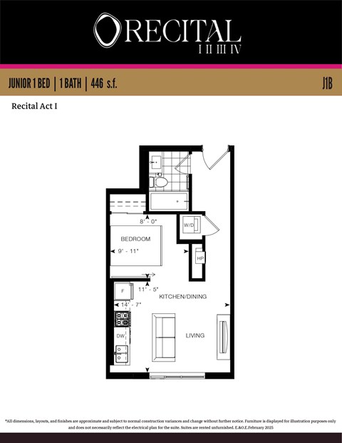 A floor plan for a junior one bedroom, one bathroom apartment.